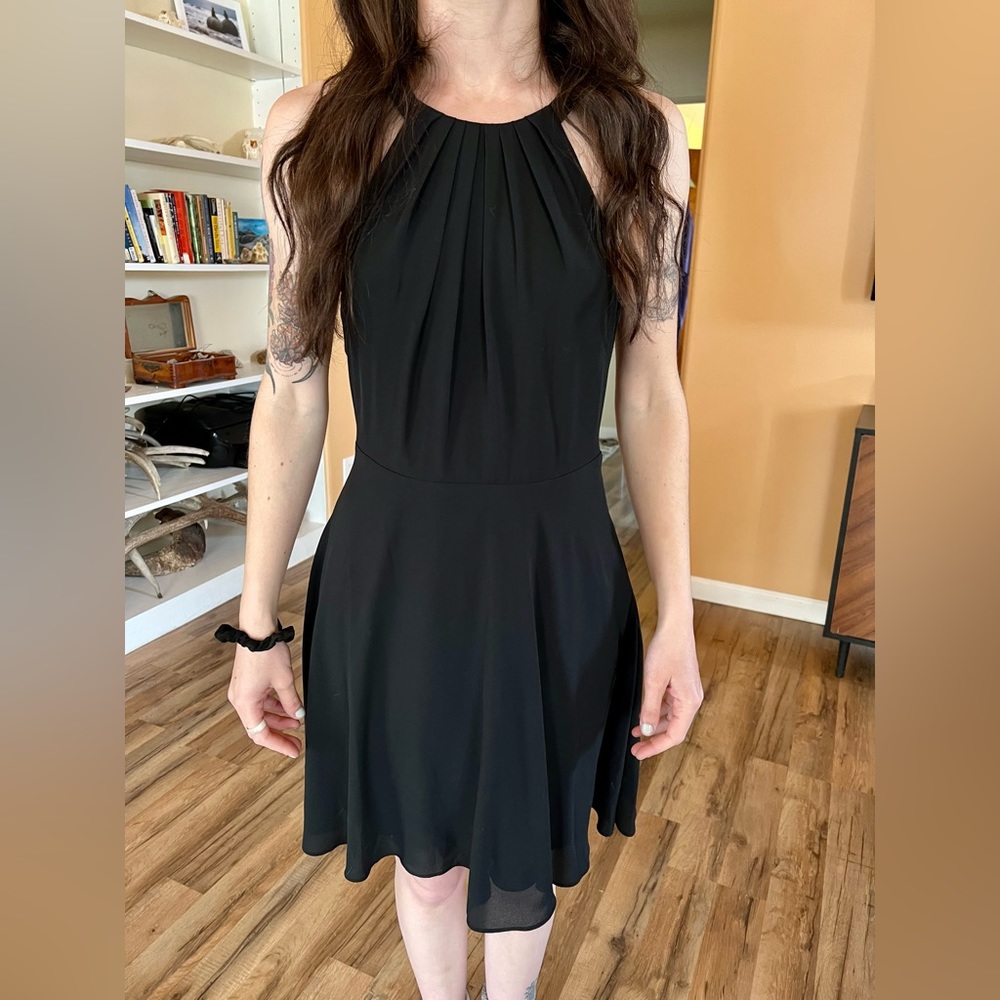 Long Sleeve High-Neck Flared Mini Dress - Black main image 1